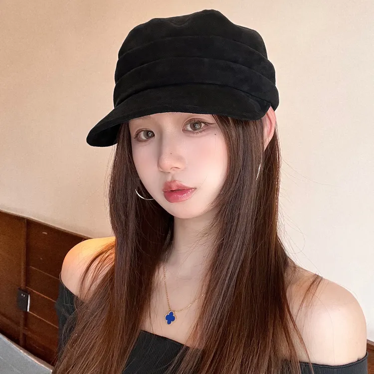 时尚纯色马术帽麂皮绒平顶鸭舌帽女休闲百搭日系春秋八角帽显脸小
