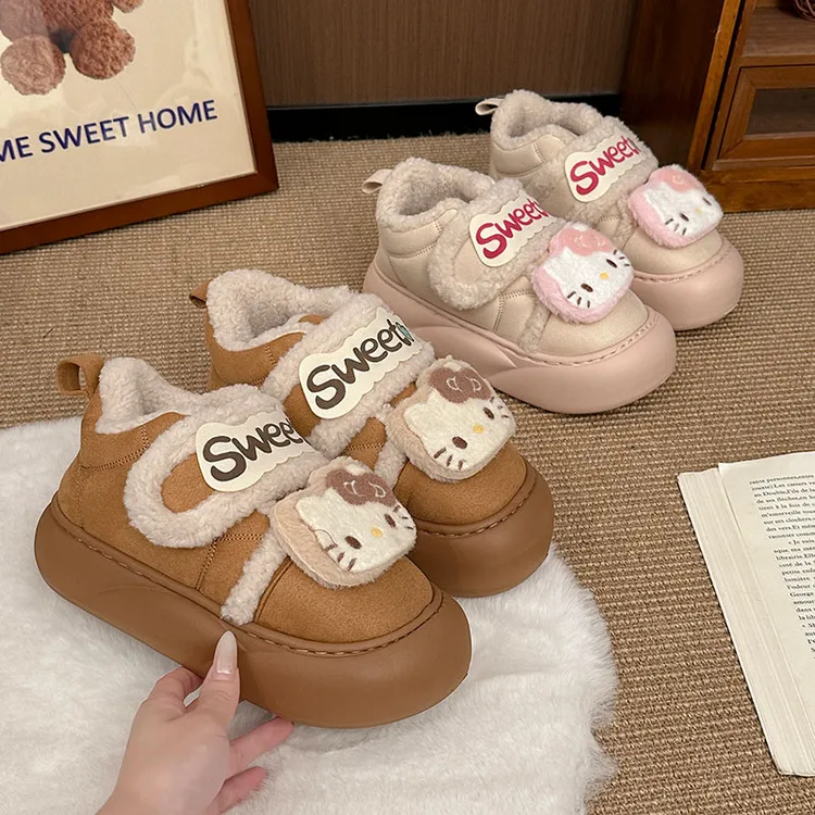可爱减龄凯蒂猫棉鞋女2025秋冬新款厚底保暖加绒卡通魔术贴雪地靴