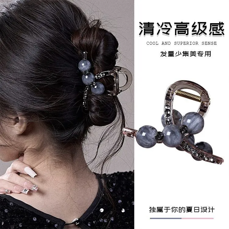 2025新款珠珠抓夹女高级感发量少盘发夹子鲨鱼夹水钻发饰气质头饰