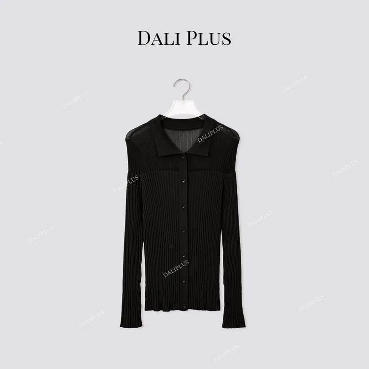 DALI PLUS“100羊毛镂空设计针织”翻领长袖针织开衫-D5CH5204