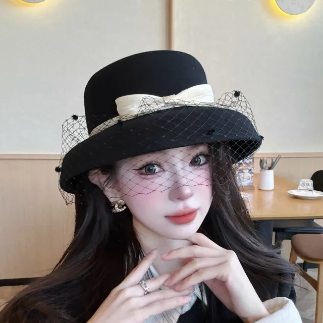 秋冬网纱羊毛灯罩帽女法式赫本毛呢盆帽时尚气质显脸小渔夫礼帽
