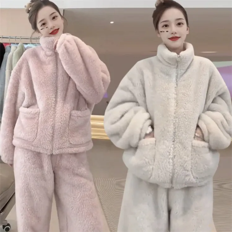 韩版纯色宽松睡衣秋冬新款舒适保暖立领加绒加厚居家服两件套套装