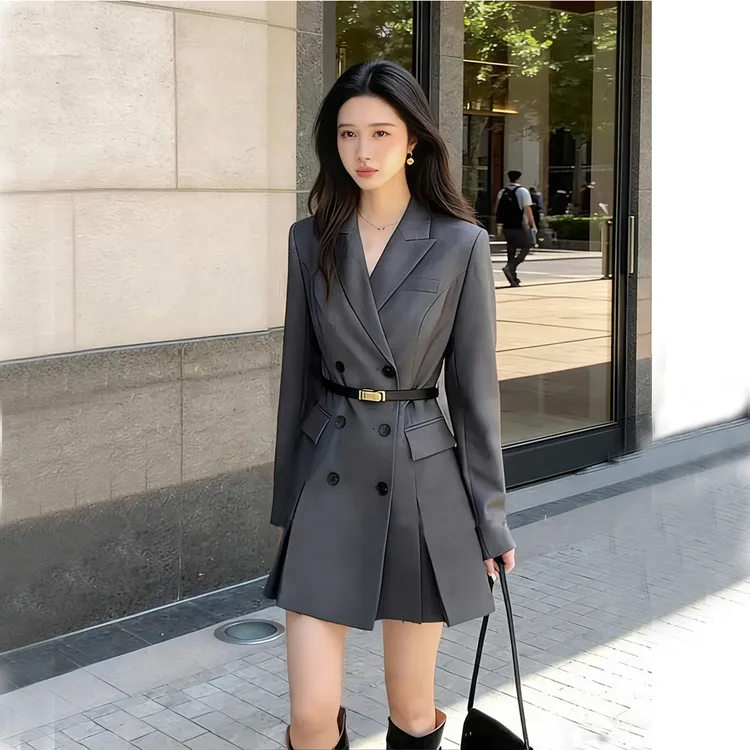 大码长袖灰色西装2026春秋新款胖MM显瘦时尚气质中长款小西服外套