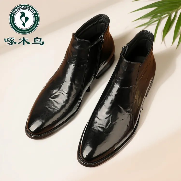 啄木鸟皮鞋男款尖头高帮切尔西靴男士英伦马丁靴冬季加绒保暖防滑