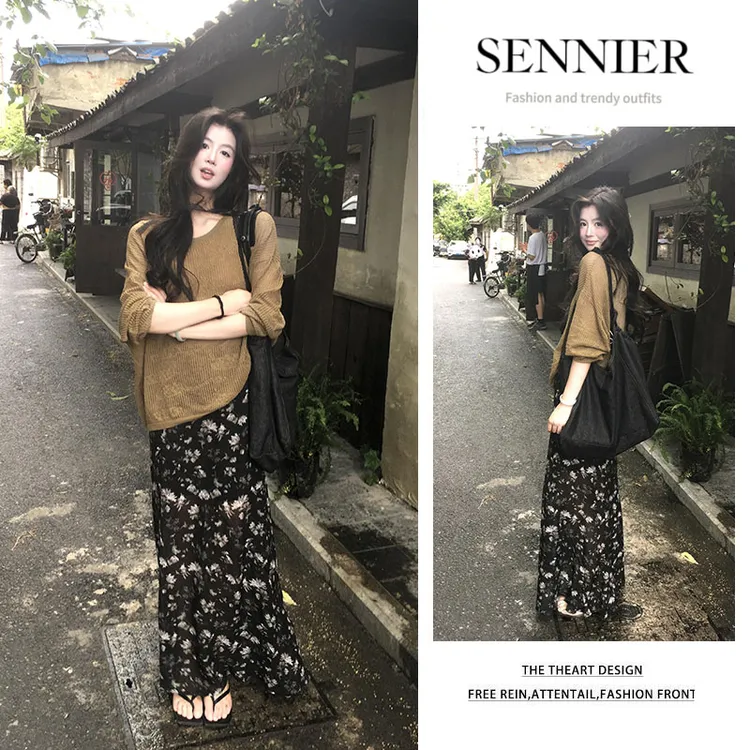 今年流行漂亮套装2025新款慵懒风长袖上衣显瘦碎花半身裙两件套女