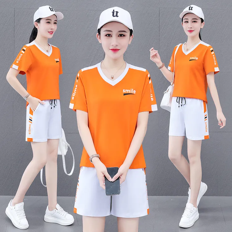 拓展狼夏季女士短袖套装休闲桃心潮流宽松印花显瘦短裤运动两件套