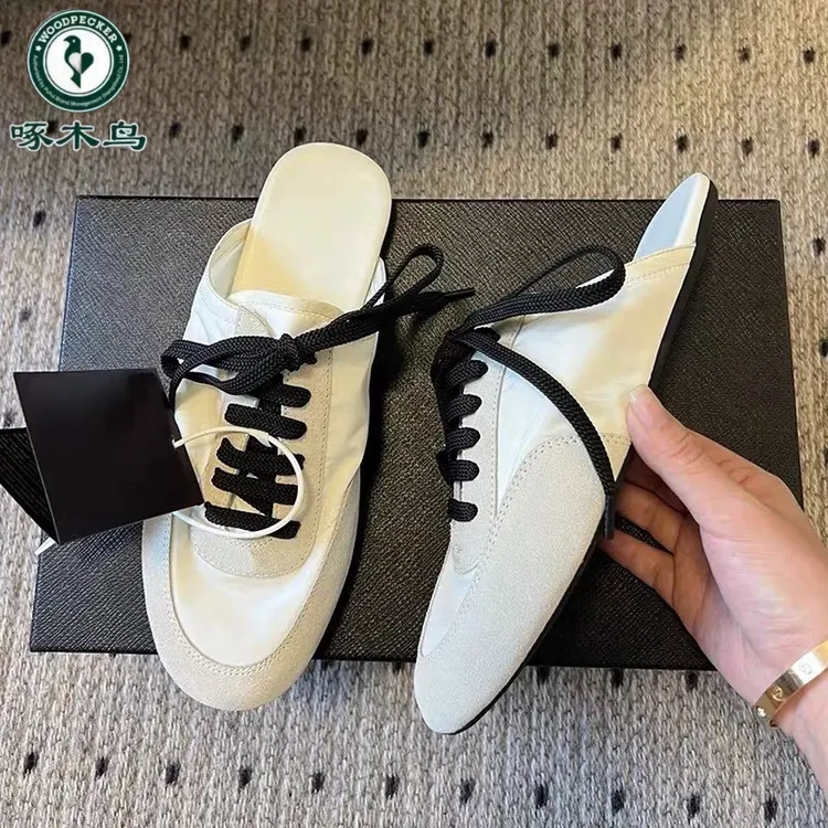 啄木鸟欧美拼色包头半拖鞋女外穿2025春季新款平底懒人穆勒德训鞋