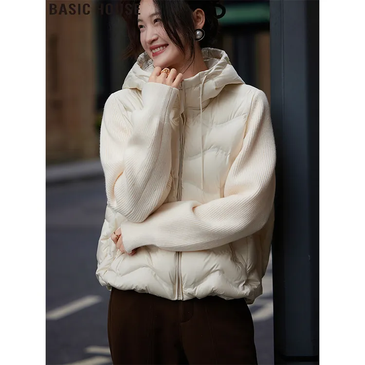 Basic House/百家好白鸭绒连帽羽绒服时尚宽松保暖外套女2025冬季