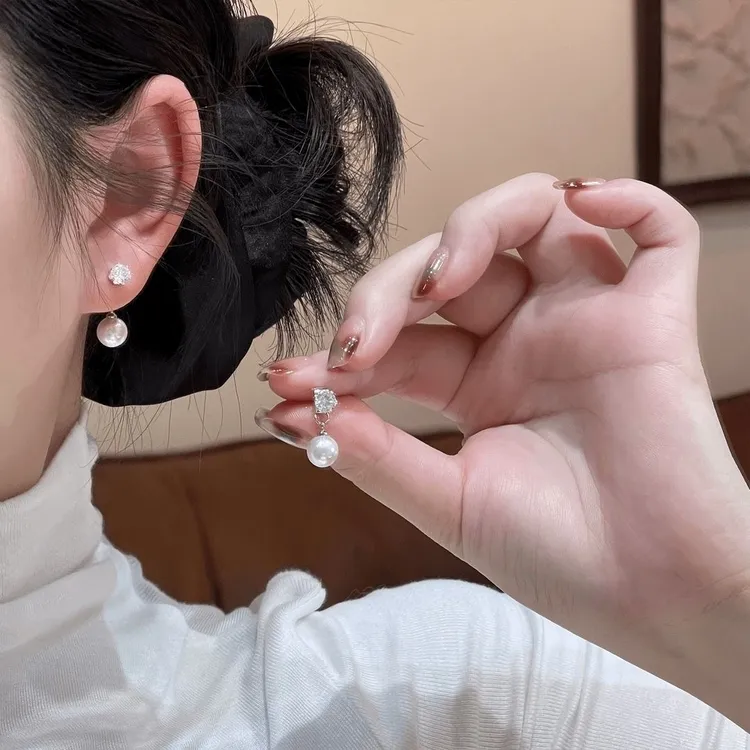 黄铜锆石耳饰 许妍同款珍珠吊坠锆石耳钉耳环时尚法式复古女