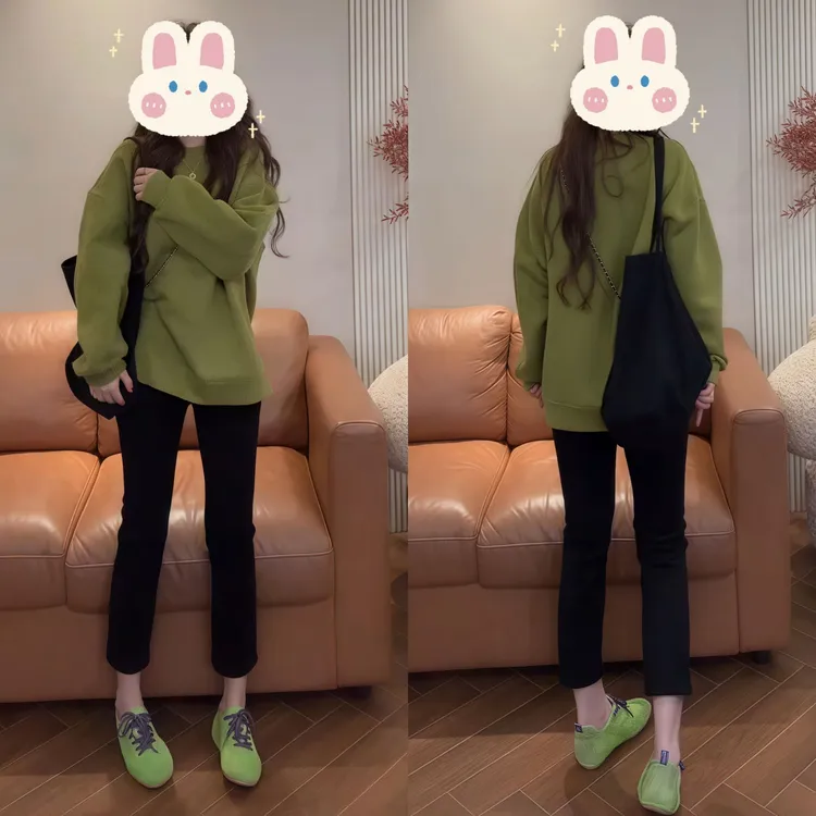 纯色百搭宽松长袖打底卫衣+休闲显瘦高腰直筒水洗牛仔裤BB50295