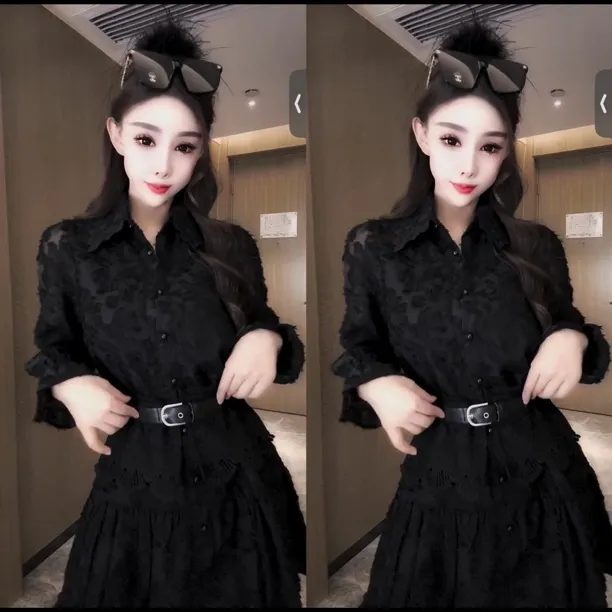 冬季法式蕾丝拼接翻领长袖收腰显瘦配腰封气质中长款连衣裙女