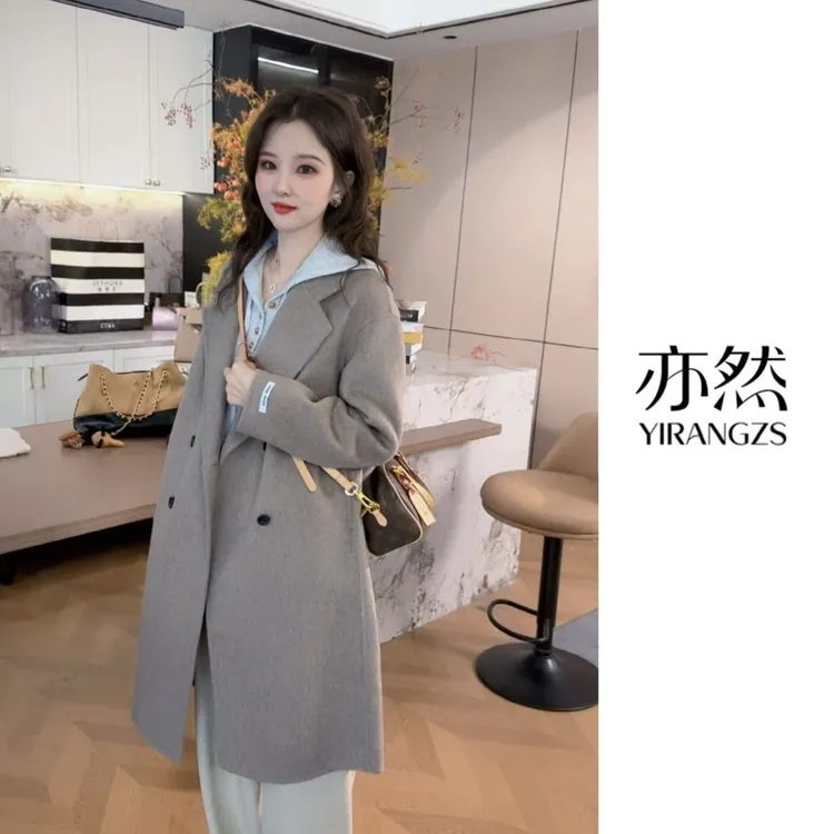 伊迪卡羊毛大衣韩系宽松戗驳领秋冬小个子中长款百搭时尚毛呢大衣