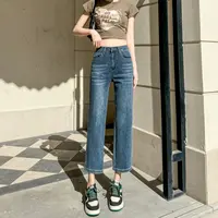 三本针春秋款高腰秋季牛仔裤女裤子直筒百搭显瘦休闲风九分烟管裤