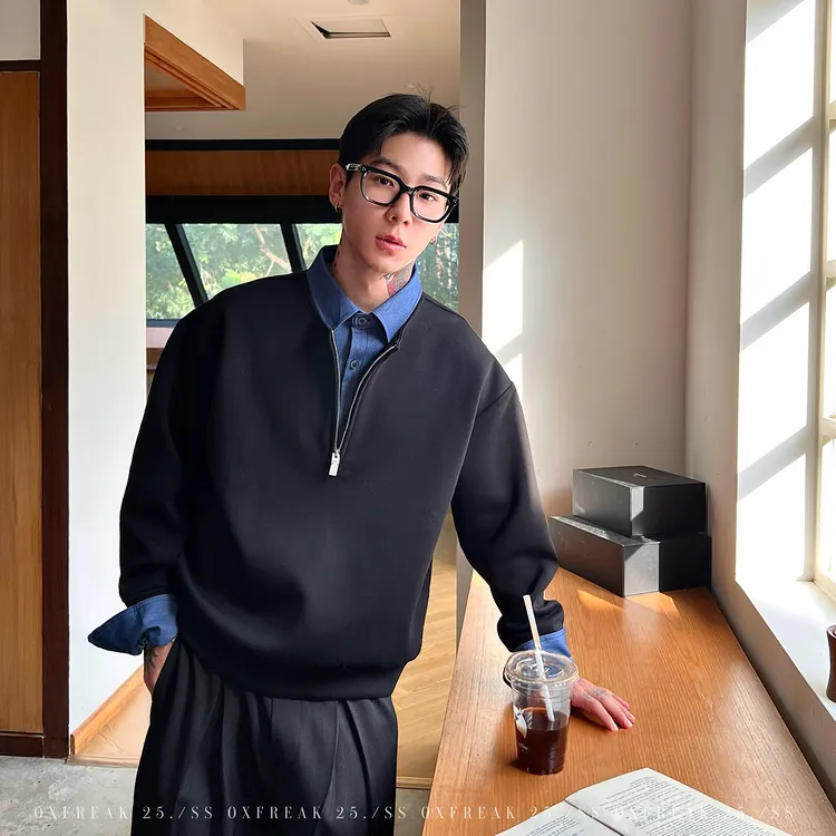 OXFREAK「衬衫式內襟」500g重磅假两件半拉链卫衣男秋冬翻领长袖