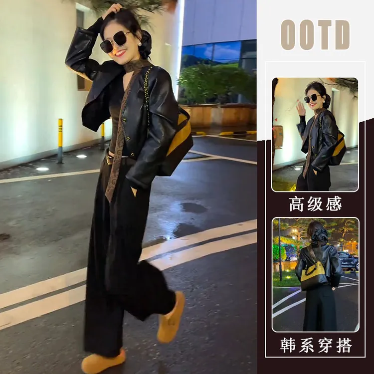 复古休闲小个子飘带v领外套上衣女秋冬25新款纯色百搭裤子两件套