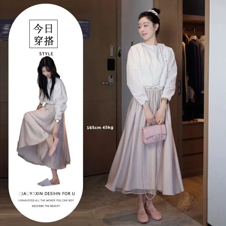 早春减龄一整套穿搭韩系时尚通勤百搭短款白色衬衫高腰半身裙套装