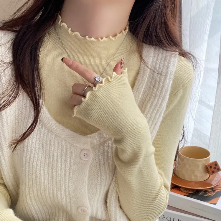 木耳边打底衫女秋冬2025新款半高领针织衫高级感内搭毛衣纯色上衣