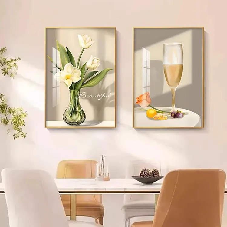 现代简约装饰画轻奢酒杯花卉餐厅两联画饭厅挂画餐饮店背景墙壁画