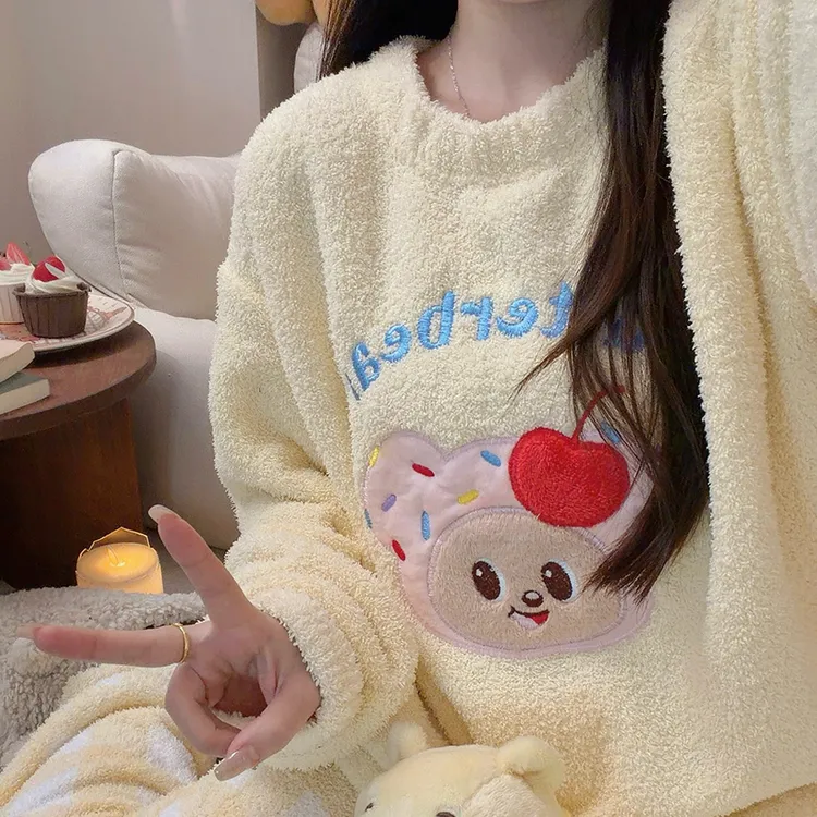 软绵绵奶油黄油小熊睡衣女冬季半边绒长袖长裤加厚保暖家居服套装