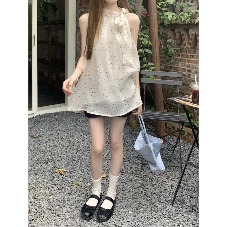 蝴蝶结波点挂脖衬衫女夏季新款法式温柔风无袖衬衣设计感雪纺衬衫
