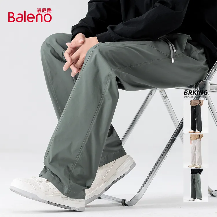 班尼路美式高街裤子男秋季直筒阔腿裤潮流绿色青少年男生运动裤TZ