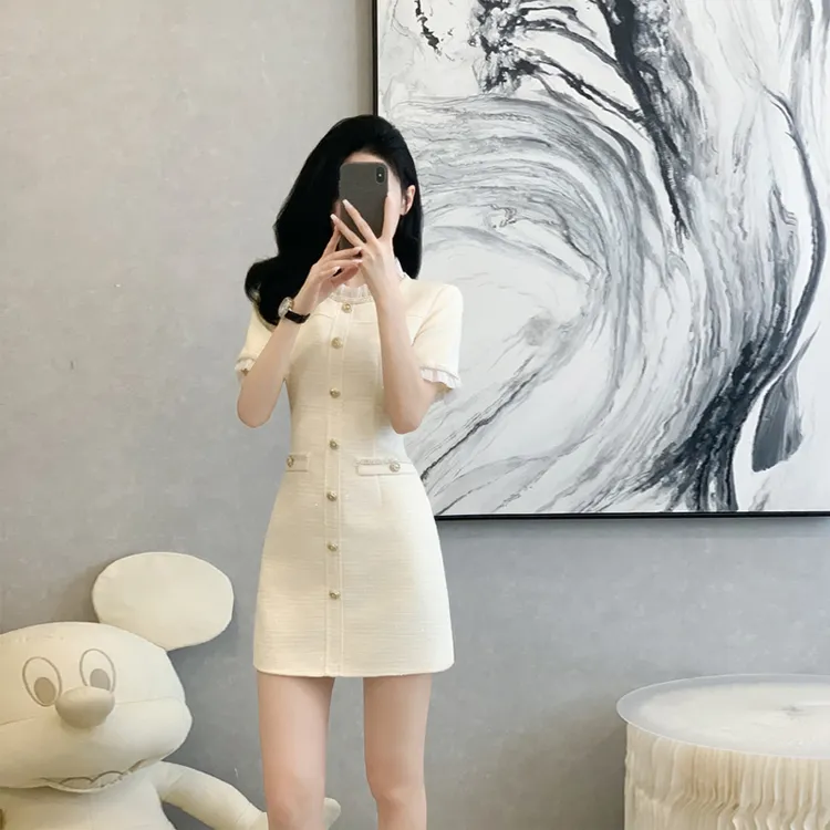 小香风修身短款a字短裙女小个子法式小众夏季气质短袖白色连衣裙