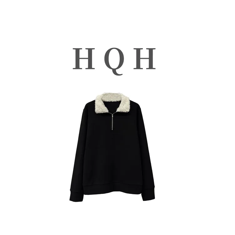 『1463#』韩系显瘦休闲通勤半拉链Polo立领毛毛领百搭黑色长袖T恤