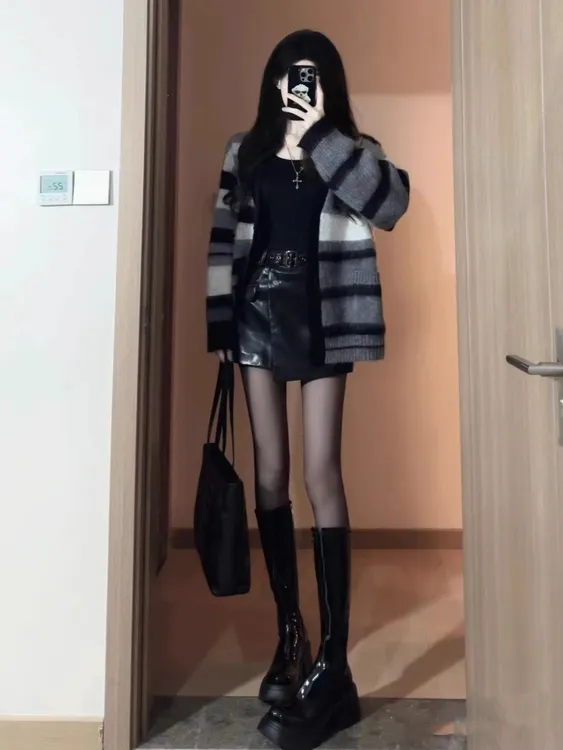 早秋装搭配一整套茶系穿搭高级感御姐轻熟风毛衣外套裙子三件套装