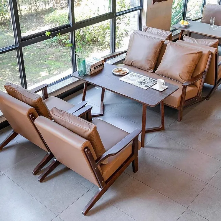 复古咖啡厅奶茶店书吧桌椅组合清吧茶楼餐厅卡座沙发接待洽谈休闲