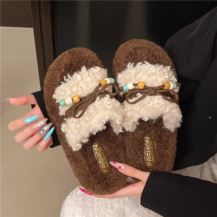 卷毛厚底毛毛拖鞋女外穿2025秋季新款韩版蝴蝶结软底一字棉拖女