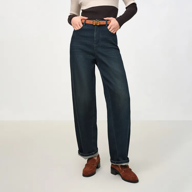 【三明治鹅绒】EP雅莹2025新款 弹力高腰宽松夹绒丝直筒牛仔裤J616A