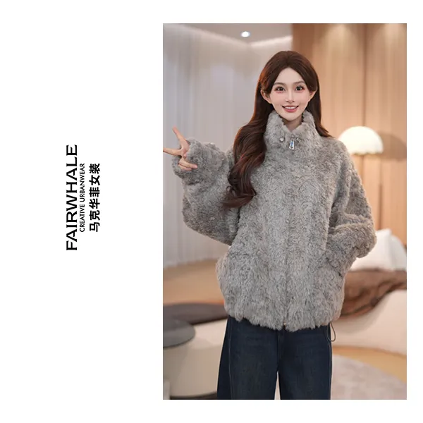 【红豆】马克华菲冬款加厚毛毛外套立领羊羔绒慵懒冬装1218-01 qq