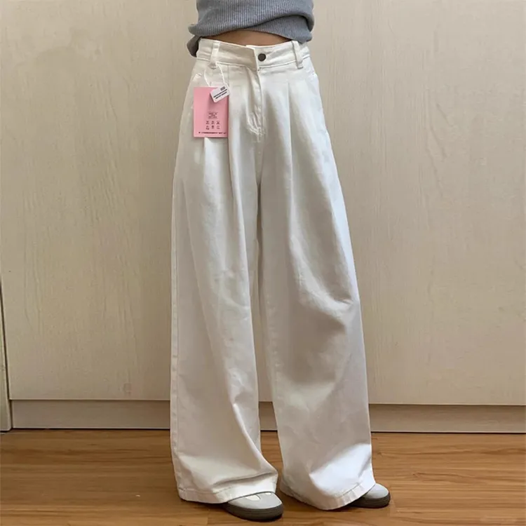 雪千羽白色高腰阔腿牛仔裤女2025春新款宽松直筒慵懒风垂感拖地裤