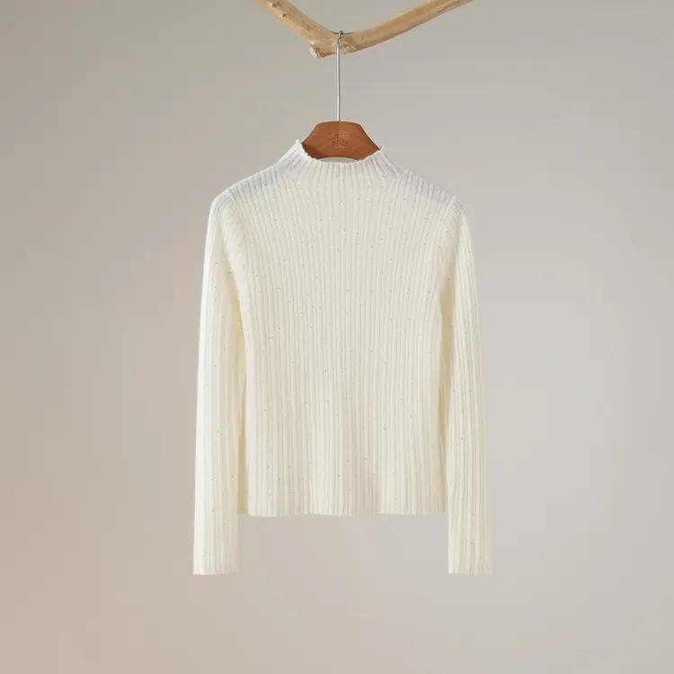 西子/【冰雪奇缘】羊绒毛进口机器烫钻半高领白色针织衫/MSXS174
