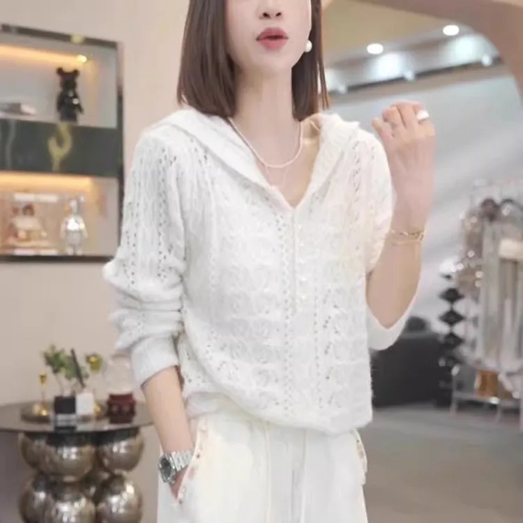 法式温柔风春秋时尚镂空钩花连帽休闲针织衫上衣女设计感宽松百搭