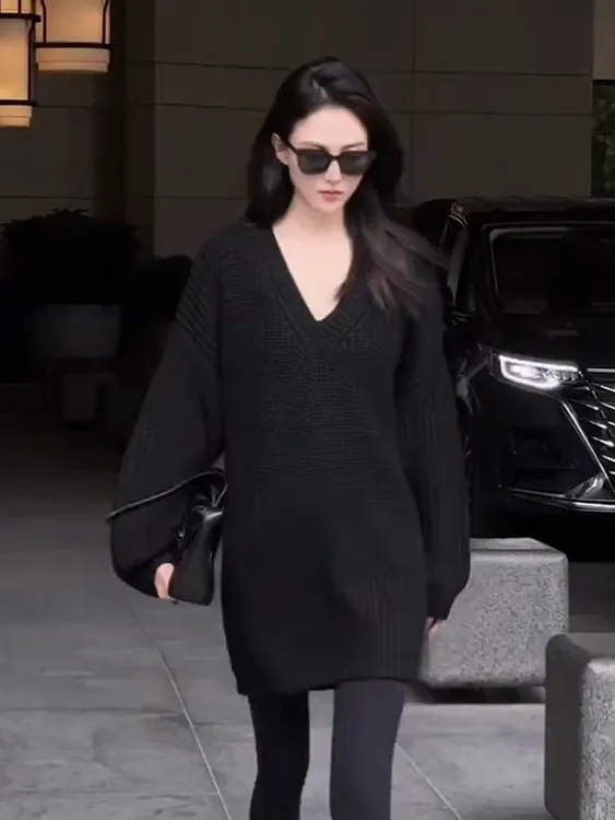 秋冬新款慵懒风宽松中长款毛针织衫韩版大码女百搭显瘦套头毛衣