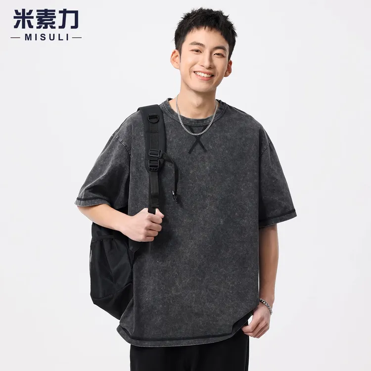 美式复古重磅水洗t恤男夏季爆款休闲百搭圆领短袖男款vibe风衣服