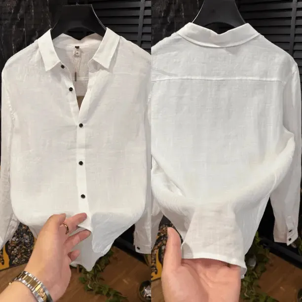 【商场原版】棉麻长袖衬衫男秋季新款商务休闲简约百搭纯色潮白衬衣