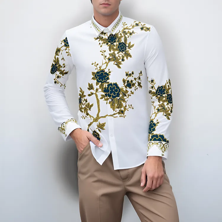 欧货桃花印花烫钻男士衬衫高端轻奢时尚修身休闲免烫抗皱长袖衬衣