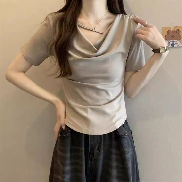 大码女装不规则短袖T恤女夏季设计感胖mm遮肚子宽松显瘦正肩上