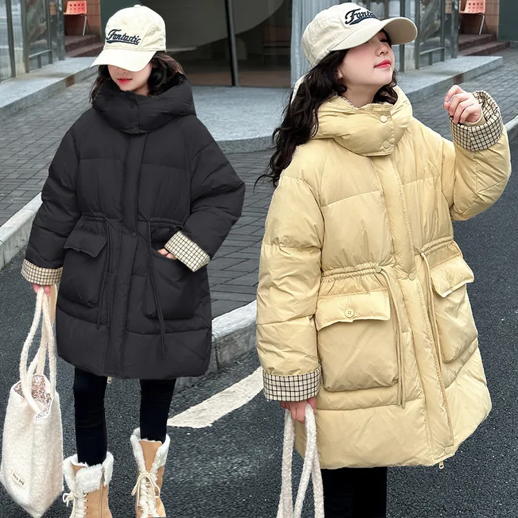 女童连帽中长款棉服2025新款冬季加厚大口袋韩版洋气时尚棉袄外套