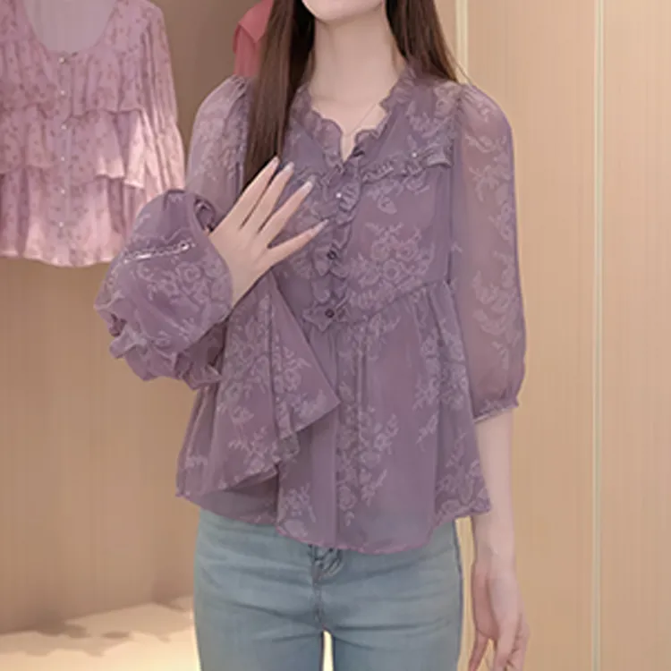 法式休闲碎花衬衫女士2025年夏季新款木耳边洋气减龄显瘦百搭上衣