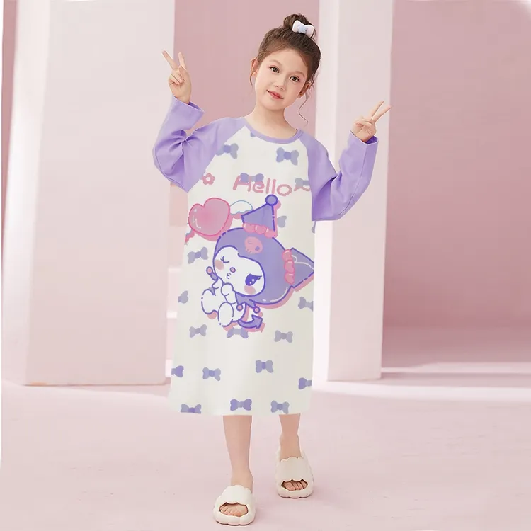 儿童睡裙女童春秋季长袖纯棉长裙卡通女孩大童睡衣夏款空调家居裙