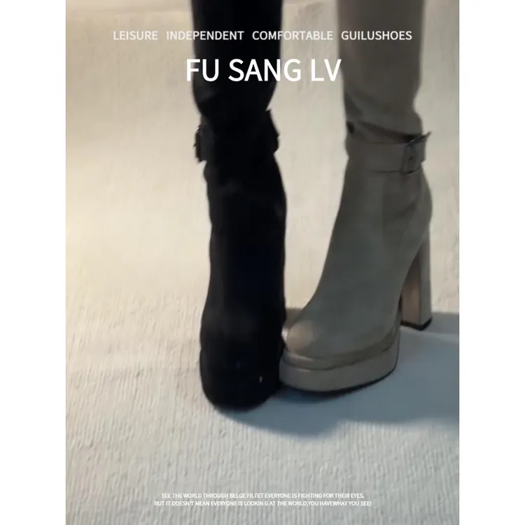 羊皮版~2025新款法式复古风圆头粗跟长靴女百搭气质高跟时装靴女