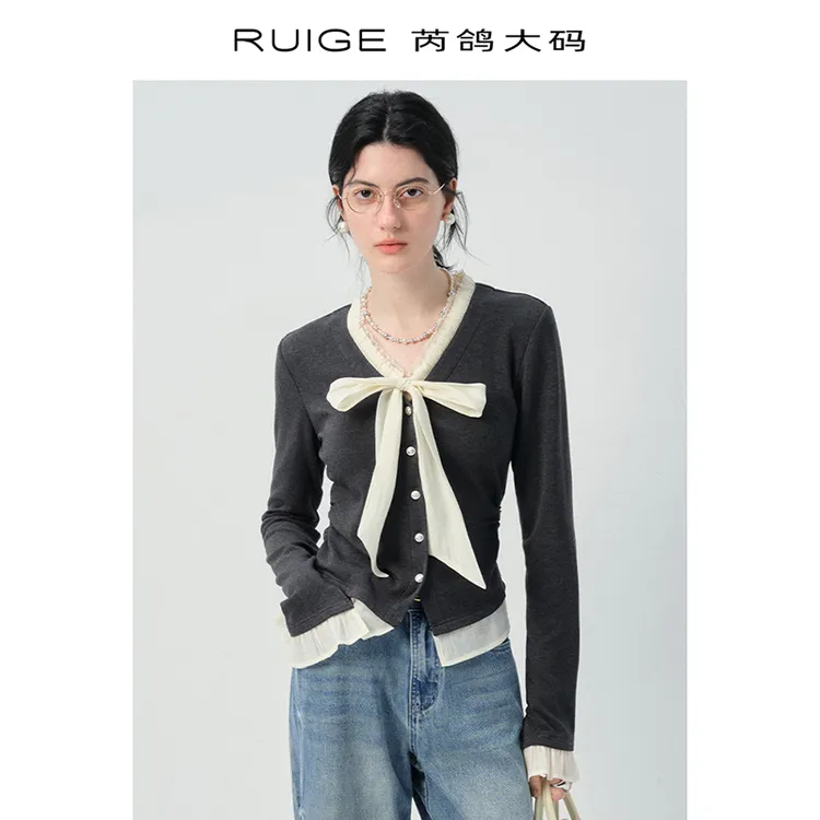 芮鸽微胖定制长袖蕾丝T恤v领蝴蝶结修身开衫显瘦微胖mm上衣00048