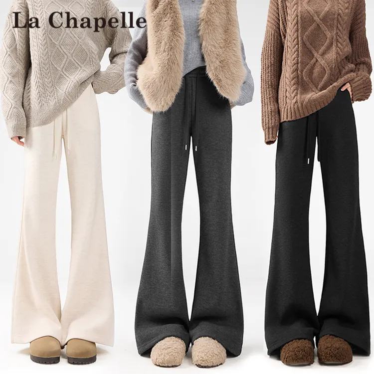 拉夏贝尔加绒休闲微喇裤女冬季爆款新款加厚保暖松紧高腰喇叭裤子