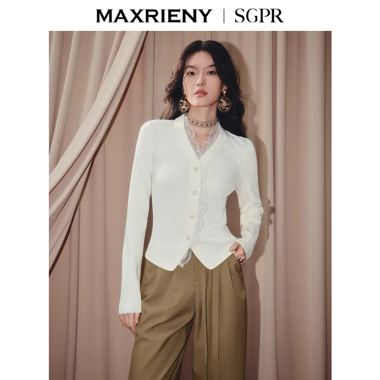【商场同款】MAXRIENY法式复古v领针织衫蕾丝拼接x型收腰长袖上衣