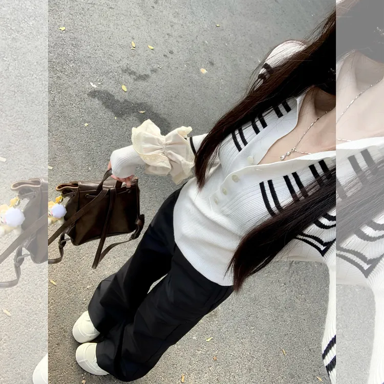 小婉薇复古撞色条纹Polo领针织打底衫女春秋新款修身显瘦软糯上衣