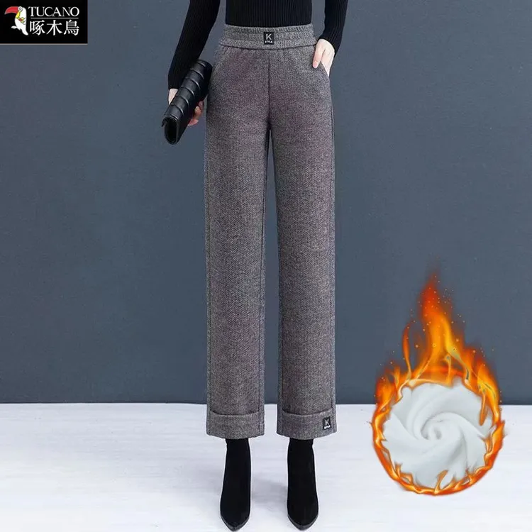 啄木鸟新款拼接设计简约小众九分裤秋冬加绒保暖直筒裤女宽松显瘦