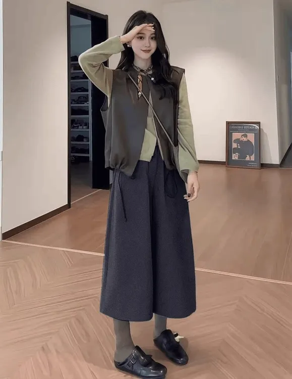 2025新款阔腿八分裤纯色厚款慵懒风拼接休闲裤女装秋季裤子显瘦
